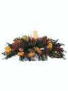 Centro de Mesa Navideño Alargado con 1 Vela 60cm - Follajes Preservados, Vaina de Loto y Naranjas