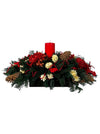 Centro de Mesa Navideño Alargado Rojo con 1 Vela 60cm - Follajes Preservados, Berries y Hortensias
