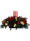 Centro de Mesa Navideño Alargado Rojo con 3 Velas 60cm - Follajes Preservados, Berries y Hortensias
