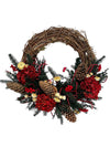 Corona Navideña Vara Colgar Roja para Puerta 60cm - Follajes Preservados, Berries y Hortensias